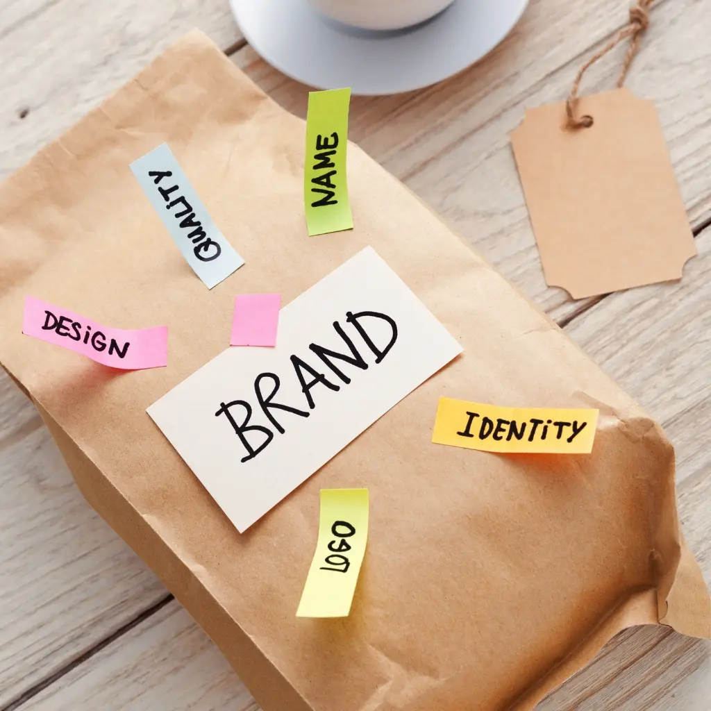 A paper bag on the table and it says Brand on the paper bag
